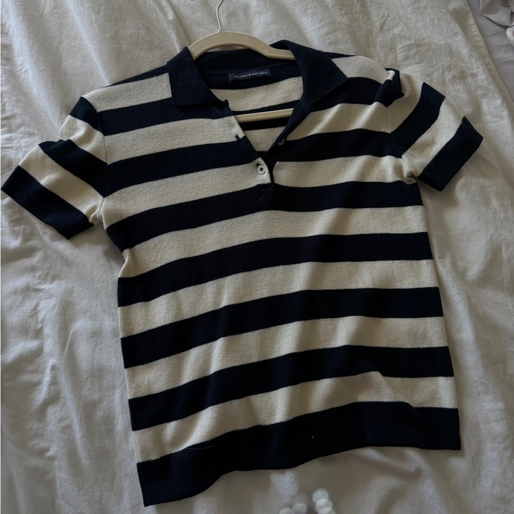 Brandy Melville Black and Cream Striped Polo Knit